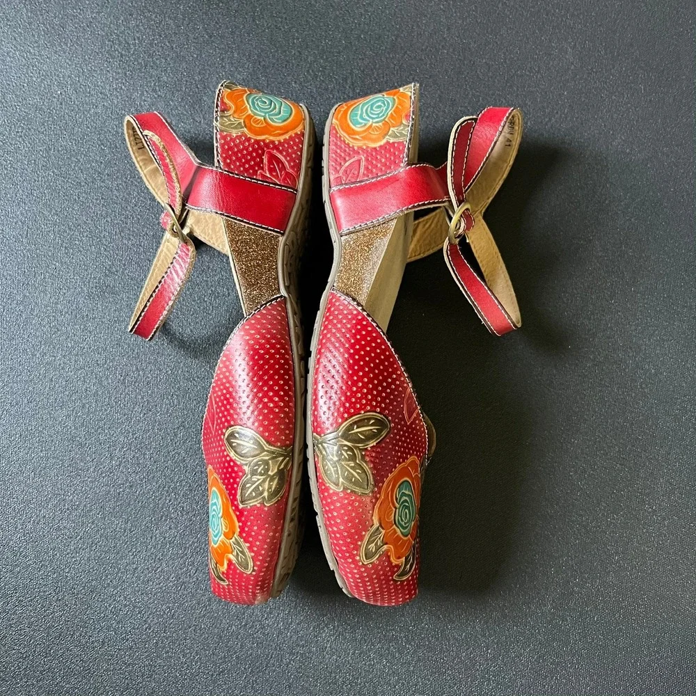 L'Artiste Lizzie-Rose Red Floral Leather Wedge Sandals 41 US 9.5-10 Boho Artsy